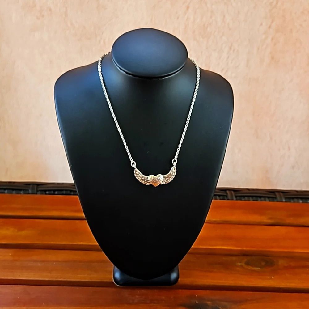Vintage Silver Tone Heart with Wings Necklace